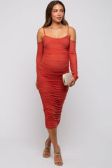 Rust Mesh Ruched Long Sleeve Maternity Midi Dress