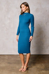 Teal Ribbed Mock Neck Sweater Dress