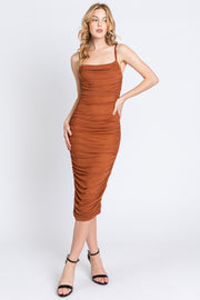 Rust Ruched Mesh Square Neck Midi Dress