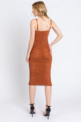 Rust Ruched Mesh Square Neck Midi Dress