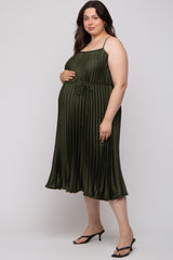 Forest Green Pleated Sleeveless Waist Tie Maternity Plus Maxi Dress