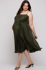 Forest Green Pleated Sleeveless Waist Tie Maternity Plus Maxi Dress