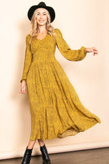 Mustard Printed Boho Midi Dress