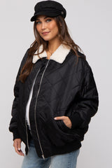 Black Quilted Sherpa Collar Maternity Jacket