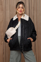 Black Quilted Sherpa Collar Maternity Jacket