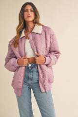 Lavender Quilted Sherpa Collar Maternity Jacket