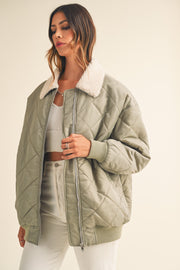 Light Olive Quilted Sherpa Collar Jacket