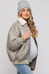 Light Olive Quilted Sherpa Collar Maternity Jacket