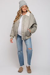 Light Olive Quilted Sherpa Collar Maternity Jacket