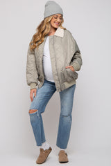 Light Olive Quilted Sherpa Collar Maternity Jacket