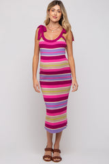 Magenta Striped Sweater Knit Shoulder Tie Maternity Midi Dress