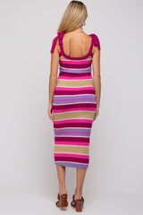 Magenta Striped Sweater Knit Shoulder Tie Maternity Midi Dress