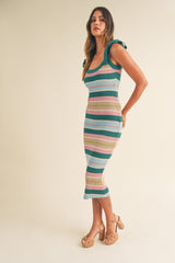 Teal Striped Sweater Knit Shoulder Tie Maternity Midi Dress