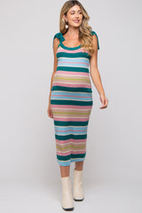 Teal Striped Sweater Knit Shoulder Tie Maternity Midi Dress