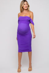 Purple Ruched Off Shoulder Maternity Dress