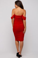 Red Ruched Off Shoulder Maternity Dress