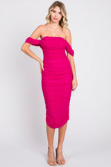 Fuchsia Ruched Off Shoulder Dress