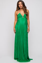 Green Plisse Halter Back Tie Maternity Maxi Dress