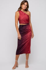 Burgundy One Shoulder Side Cutout Ruched Midi Dress