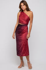 Burgundy One Shoulder Side Cutout Ruched Midi Dress