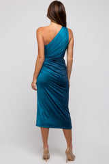 Teal One Shoulder Side Cutout Ruched Midi Dress