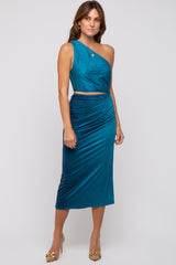 Teal One Shoulder Side Cutout Ruched Midi Dress