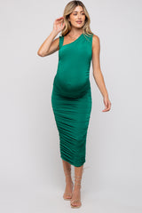 Green Asymmetrical Ruched Maternity Midi Dress