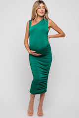 Green Asymmetrical Ruched Maternity Midi Dress