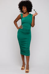 Green Asymmetrical Ruched Midi Dress