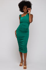 Green Asymmetrical Ruched Midi Dress