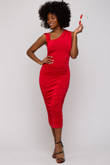 Red Asymmetrical Ruched Maternity Midi Dress