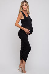 Black Asymmetrical Ruched Maternity Midi Dress