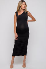 Black Asymmetrical Ruched Maternity Midi Dress