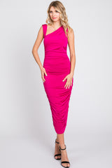 Magenta Asymmetrical Ruched Midi Dress