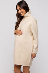 Beige Turtleneck Maternity Sweater Mini Dress