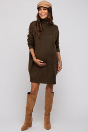 Olive Turtleneck Maternity Sweater Mini Dress