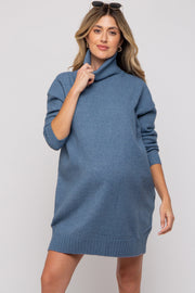 Blue Turtleneck Maternity Sweater Mini Dress