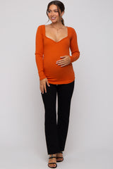 Rust Ribbed Sweetheart Neck Long Sleeve Maternity Top