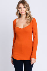 Rust Ribbed Sweetheart Neck Long Sleeve Top