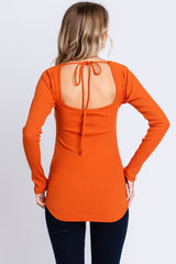 Rust Ribbed Sweetheart Neck Long Sleeve Top