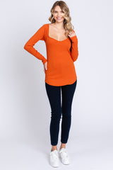 Rust Ribbed Sweetheart Neck Long Sleeve Top