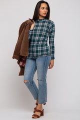 Green Plaid Mock Neck Brushed Long Sleeve Top