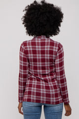 Burgundy Plaid Mock Neck Brushed Long Sleeve Top