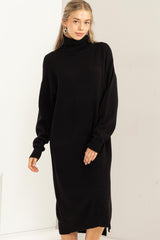 Black Turtleneck Side Slit Sweater Midi Dress