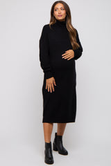 Black Turtleneck Side Slit Sweater Maternity Midi Dress