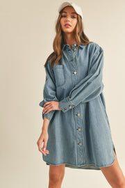 Blue Denim Button Up Front Pocket Dress