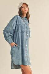 Blue Denim Button Up Front Pocket Dress