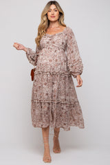 Mauve Floral Chiffon Sweetheart Neck Ruffle Tiered Maternity Midi Dress