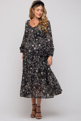 Black Floral Chiffon Sweetheart Neck Ruffle Tiered Maternity Midi Dress