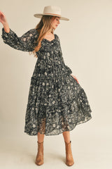 Black Floral Chiffon Sweetheart Neck Ruffle Tiered Midi Dress